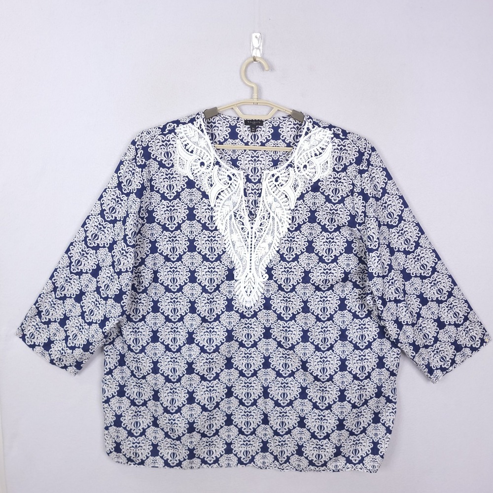 Talbots Lace Tunic Top Womens Plus 3X Paisley Print‎ Embroidered Bib Boho
